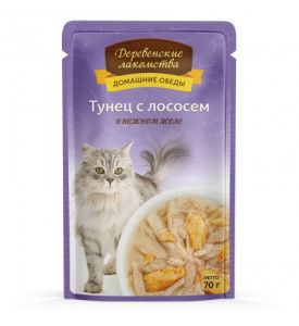 Деревенские лакомства, влажный корм д/кошек (тунец/лосось в желе)